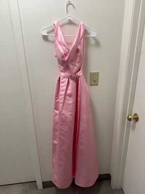 Pink Satin Evening Gown with Draped V-Neck